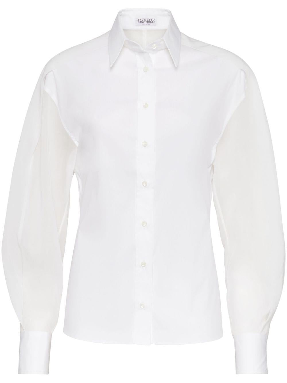 Shop Brunello Cucinelli Stunning White Stretch Cotton Poplin Shirt With Light Knit Sleeves And Necklace