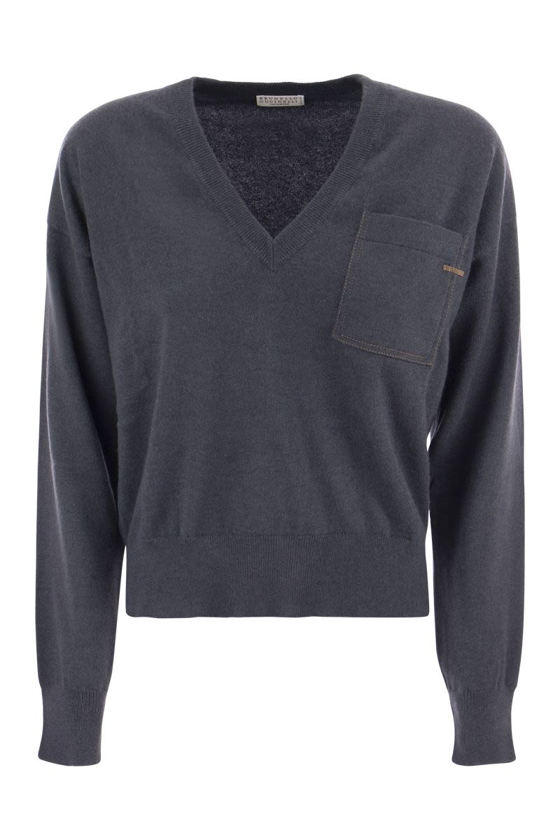 Shop Brunello Cucinelli Blue Cashmere Sweater With Pocket: Luxury Knitwear For Women In Dark Blue