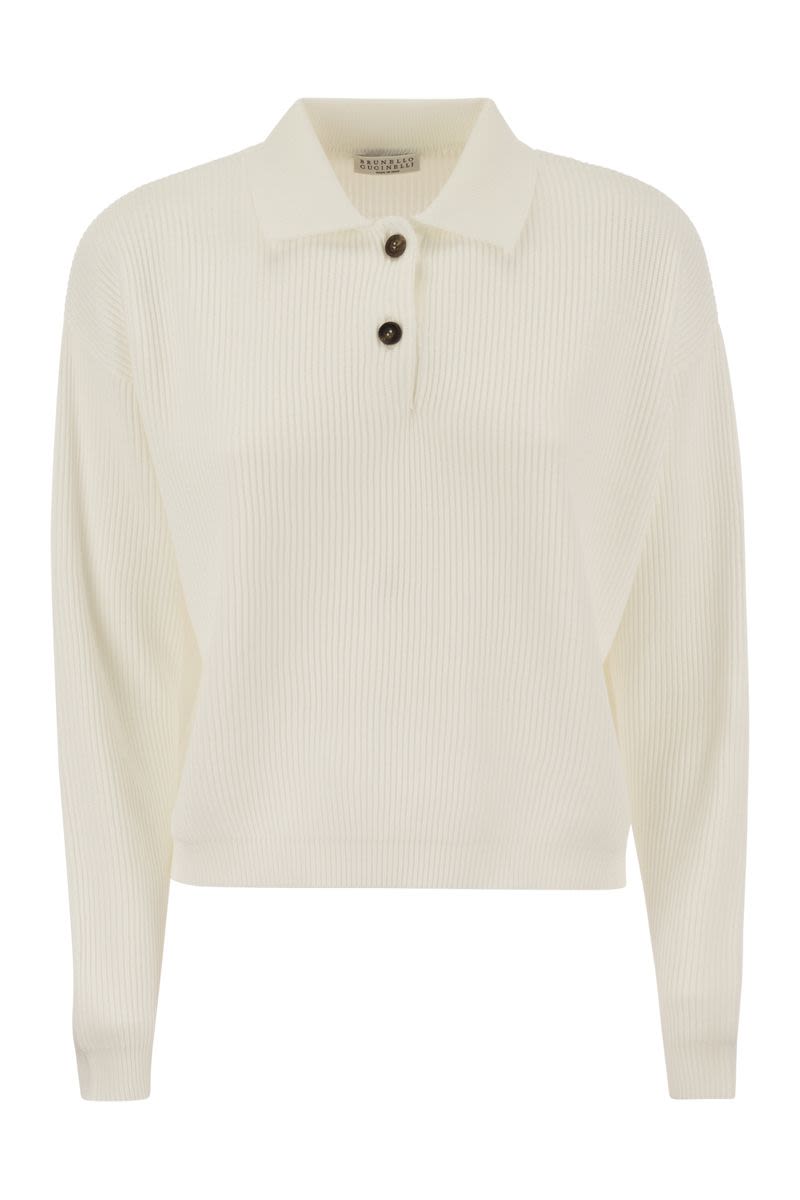 Shop Brunello Cucinelli Feminine English Rib Cotton Polo-style T-shirt With Jewel Embellishments In White