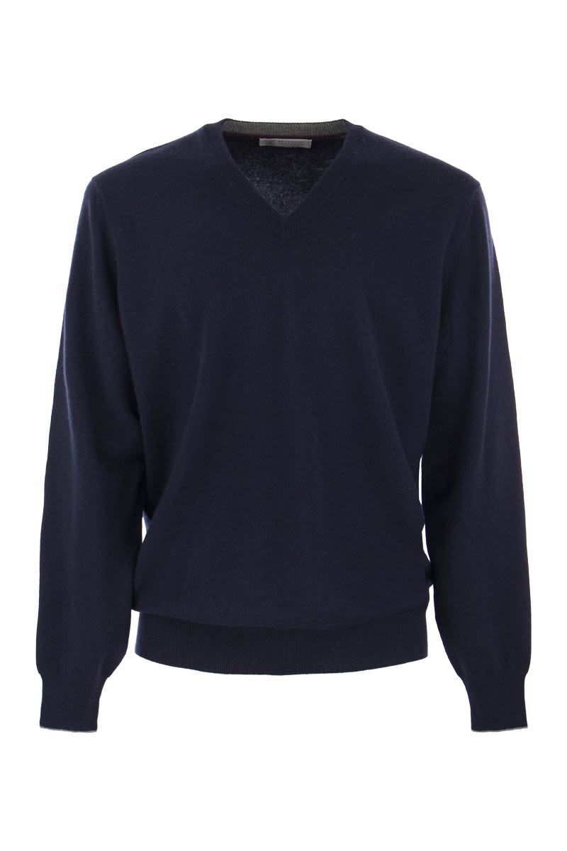 Brunello Cucinelli Navy Blue Cashmere Sweater With Subtle Contrast Details For Men In Grey