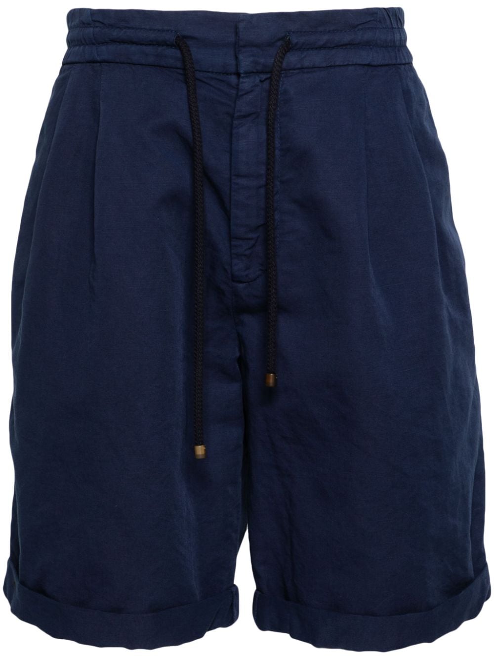 Brunello Cucinelli Imperial Blue Cotton-linen Blend Pleated Bermuda Shorts For Men In Navy