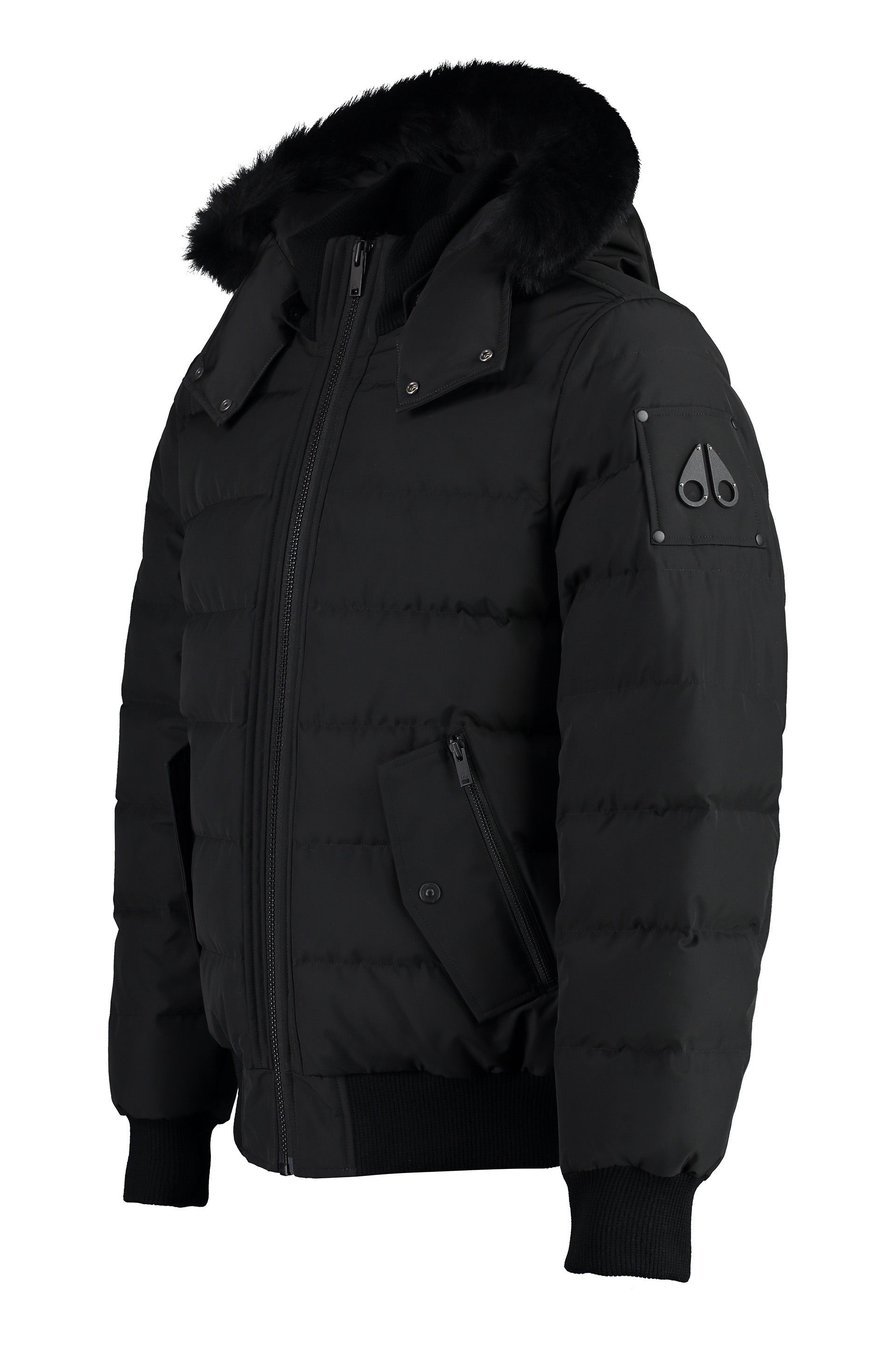Shop Moose Knuckles Men's Black Nylon Bomber Jacket With Removable Fur Hood And Ribbed Knit Details