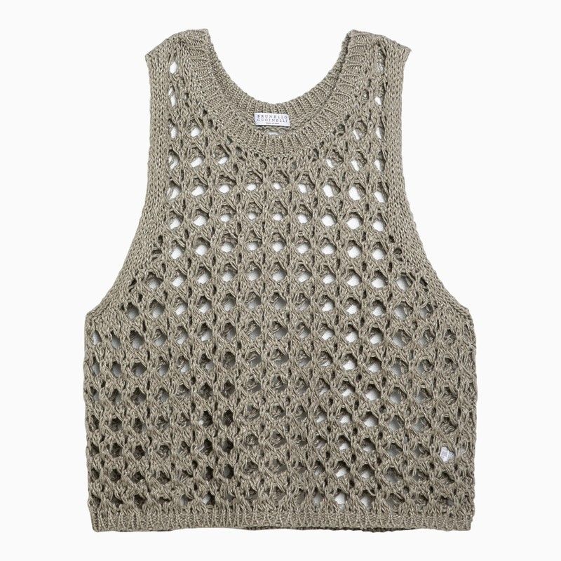 Brunello Cucinelli Dark Green Perforated Cotton-blend Tank Top For Women In Multicolor