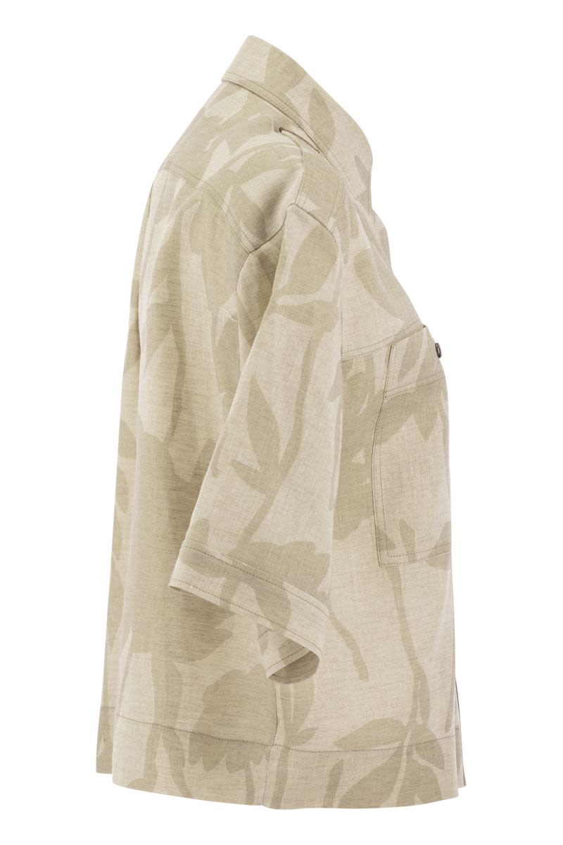 Shop Brunello Cucinelli Ramage Print Linen Shirt With Shiny Tabs In Beige