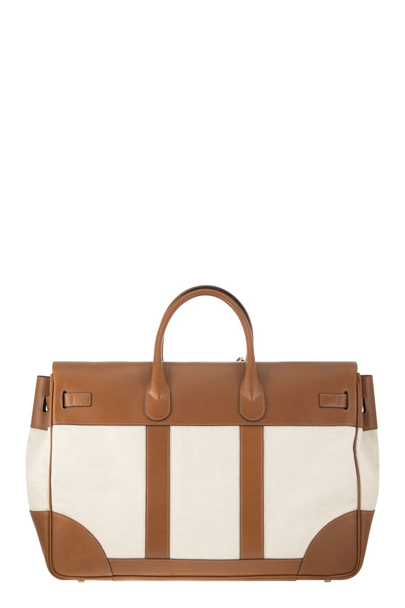 Shop Brunello Cucinelli Men's Leather Brown Cotton-linen Blend Weekender Handbag In White