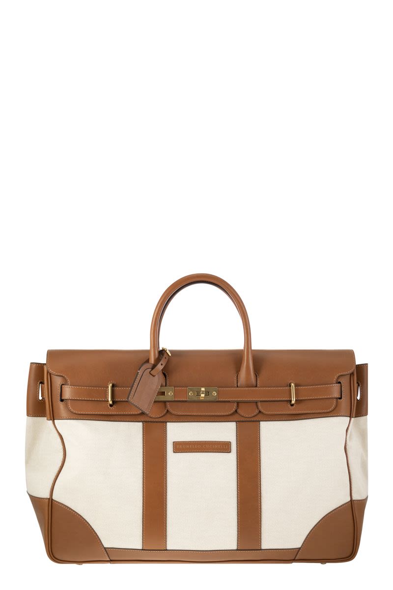 Shop Brunello Cucinelli Men's Leather Brown Cotton-linen Blend Weekender Handbag In White