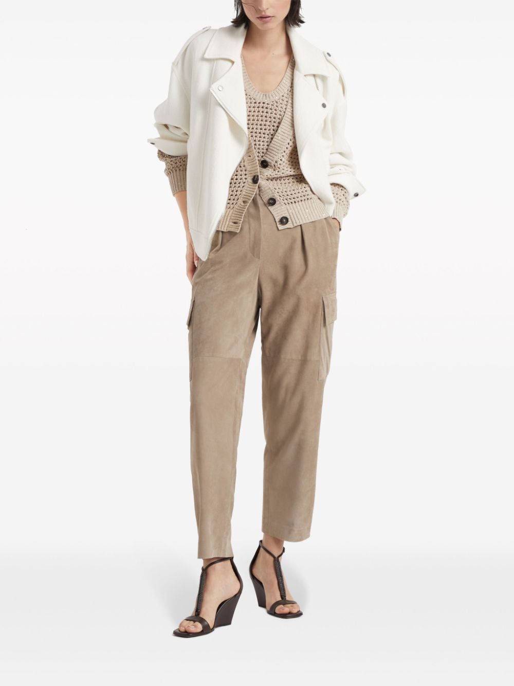 Shop Brunello Cucinelli Beige Open Knit Cotton Cardigan With Sequin Embellishment And Ribbed Trim