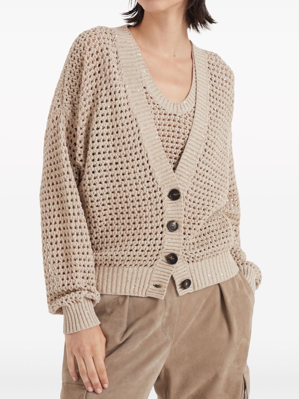 Shop Brunello Cucinelli Beige Open Knit Cotton Cardigan With Sequin Embellishment And Ribbed Trim