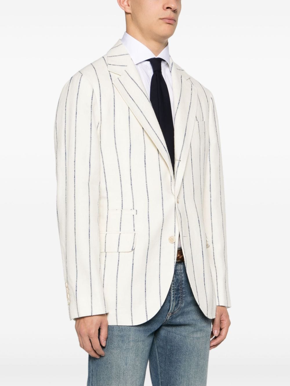 Shop Brunello Cucinelli Men's Light Beige And Blue Pinstripe Wool And Linen Jacket For Ss24 In Tan