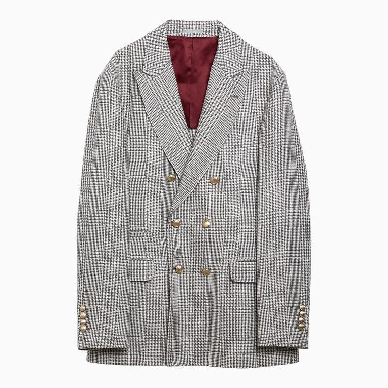 Shop Brunello Cucinelli Double-breasted Brown Prince Of Wales Jacket For Men