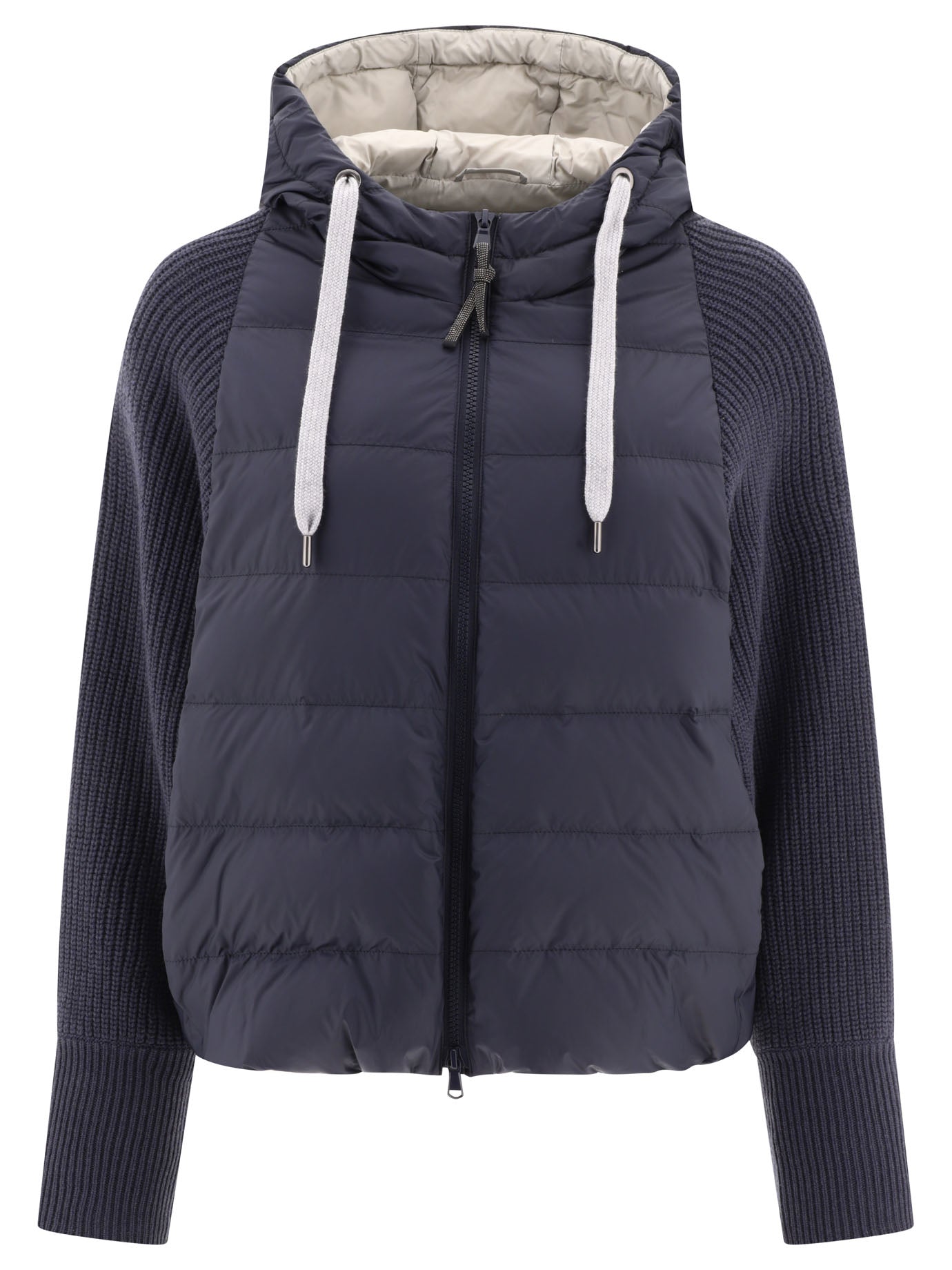 Shop Brunello Cucinelli Blue Down Jacket With Monili, Knit Hood And Sleeves For Women