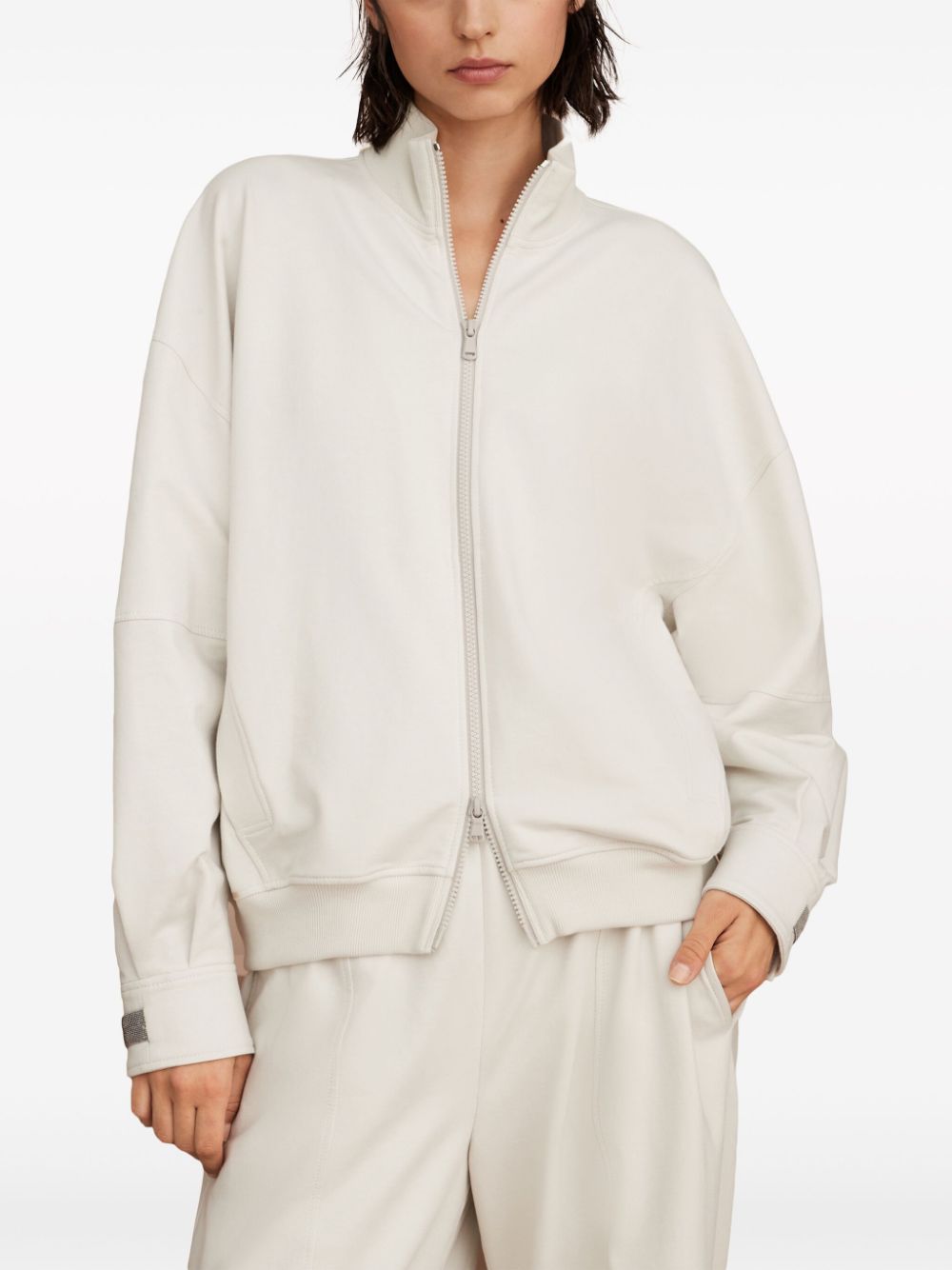 Shop Brunello Cucinelli Designer Cotton Zipped Sweatshirt In White