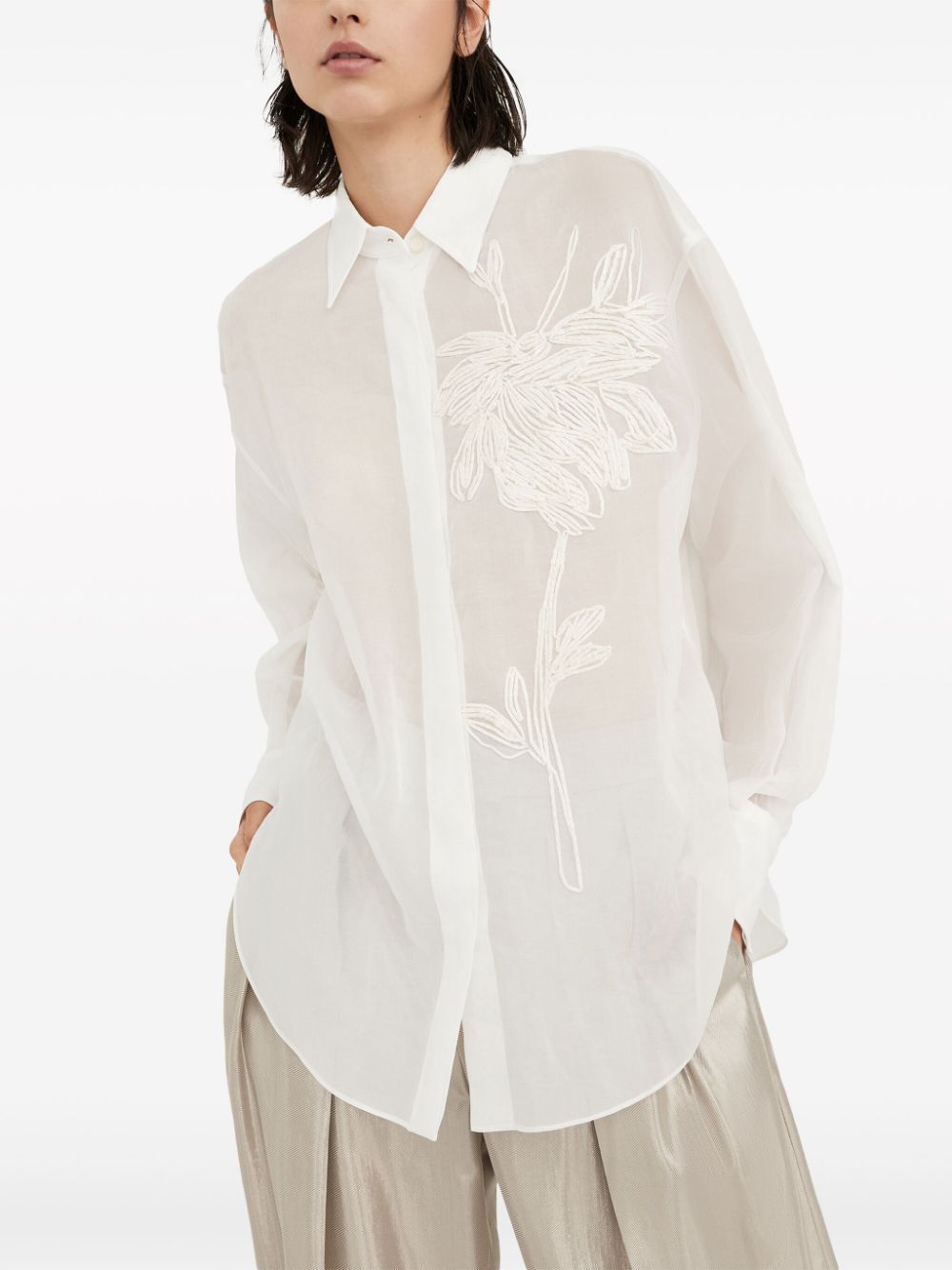 Shop Brunello Cucinelli Elegant White Cotton Knit Shirt With Dazzling Magnolia Embroidery For Women