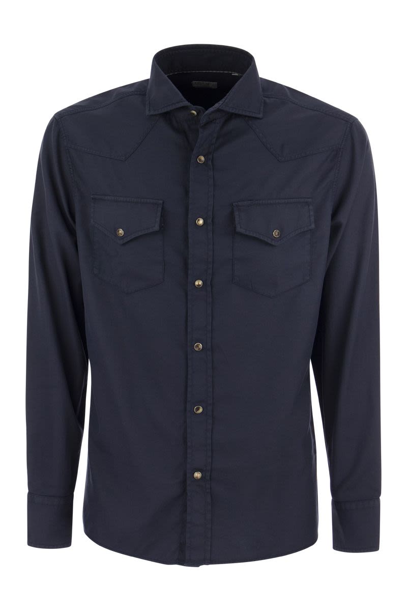 Shop Brunello Cucinelli Men's Easy Fit Western-inspired Shirt In Garment-dyed Blue Twill