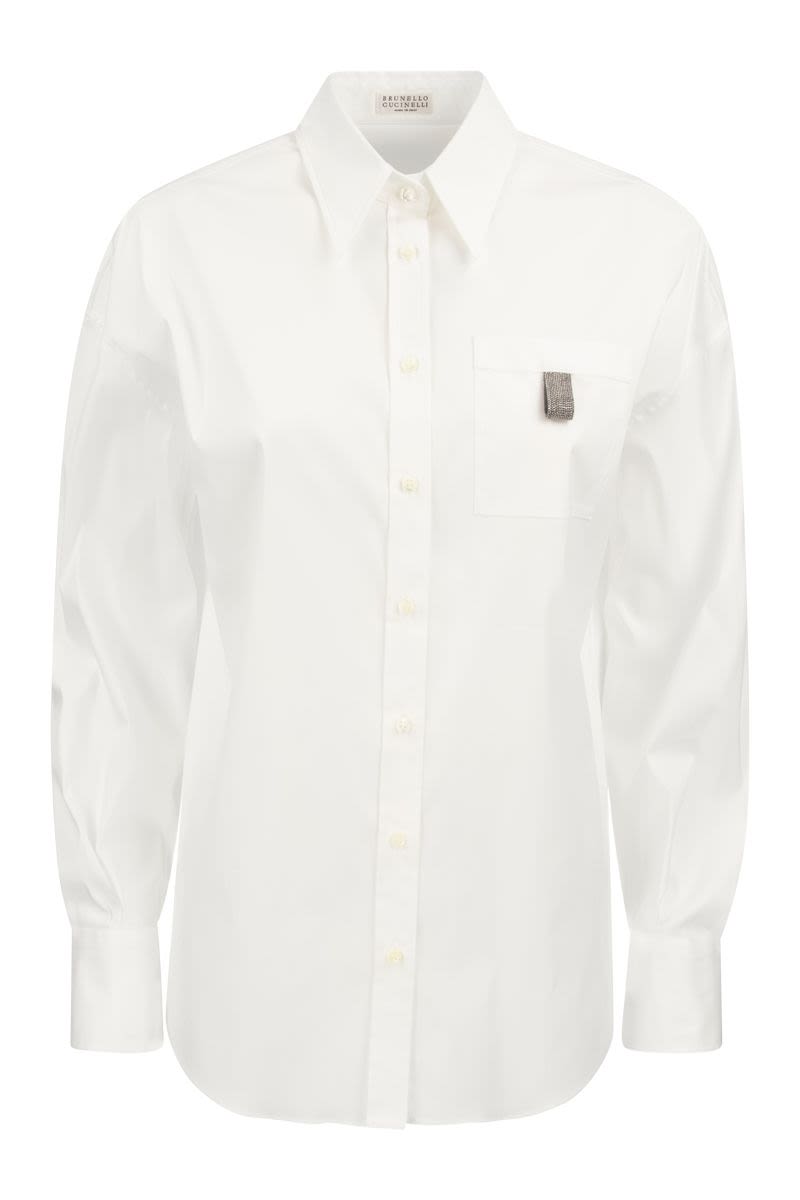 Shop Brunello Cucinelli Stretch Cotton Poplin Shirt With Shiny Jeweled Breast Pocket In White