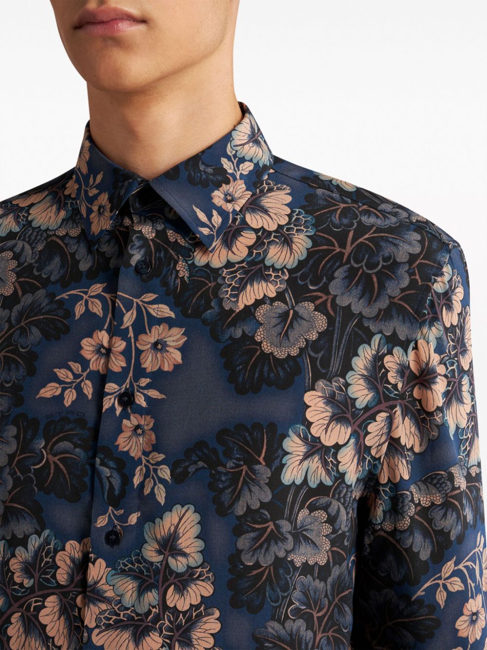 Shop Etro Floral Navy Blue Silk Shirt For Men