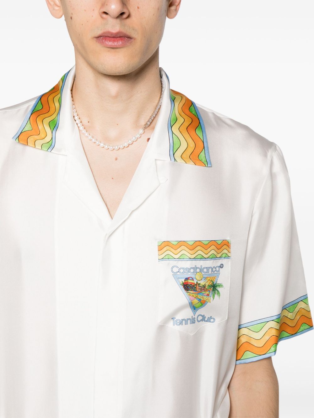 Shop Casablanca Multicolor Graphic Print Men's Cuban Collar Silk Shirt In White