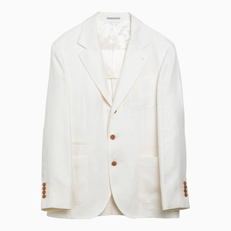 Shop Brunello Cucinelli Men's White Linen Jacket With Classic Lapels And Button Placket