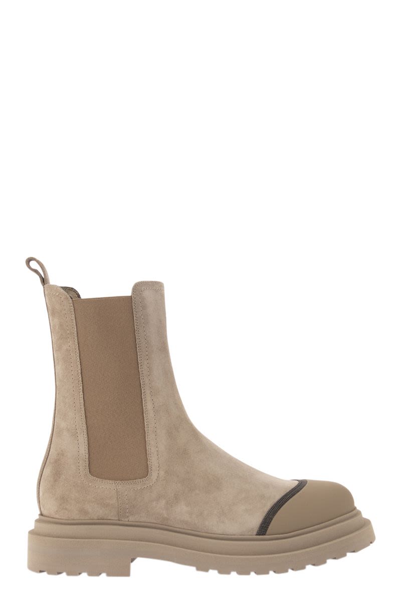 Shop Brunello Cucinelli Beige Suede Chelsea Boot With Precious Detail For Women In Sand