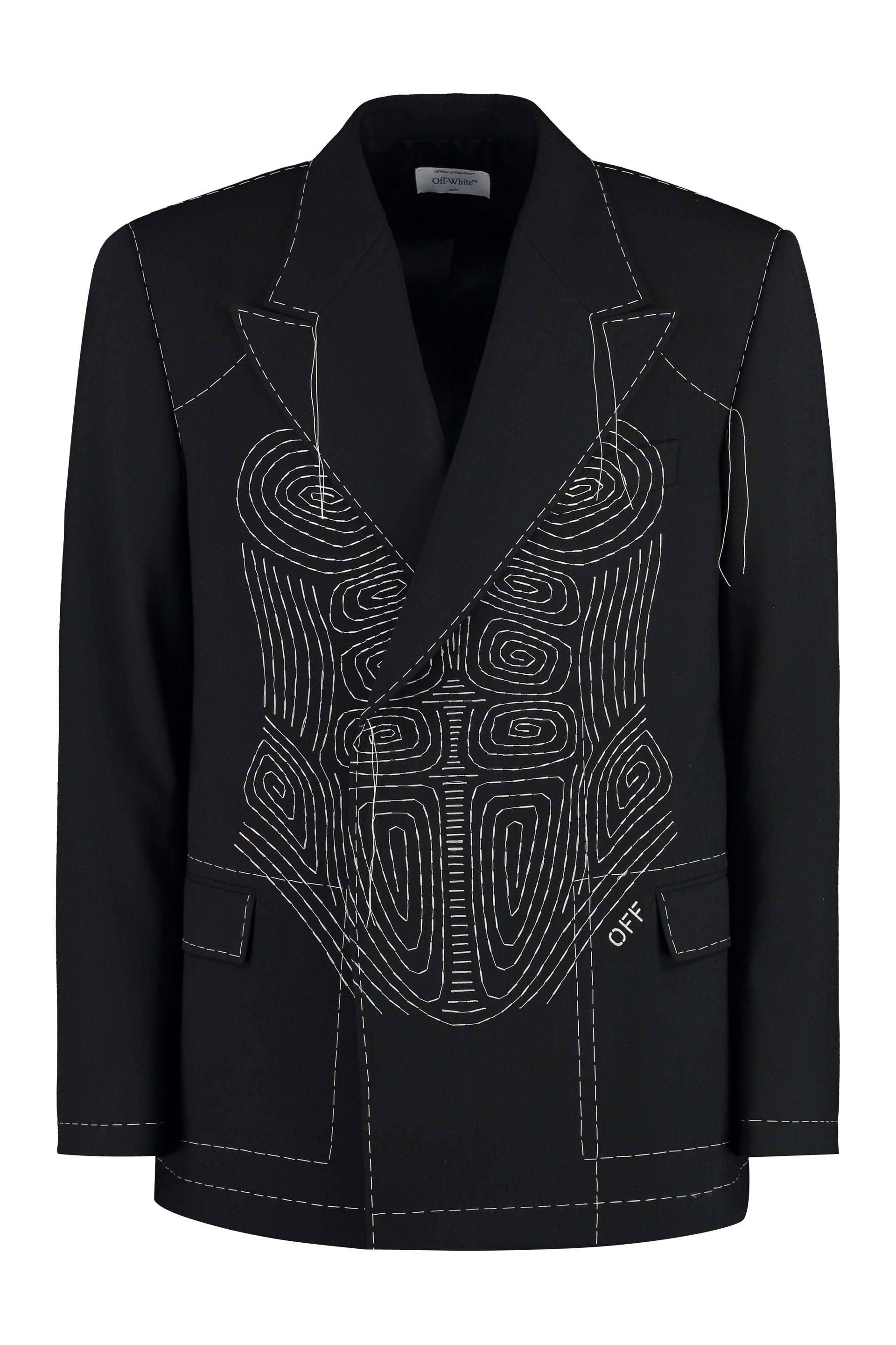Shop Off-white Men's Black Wool Blend Double-breasted Jacket With Lapel Collar And Padded Shoulders