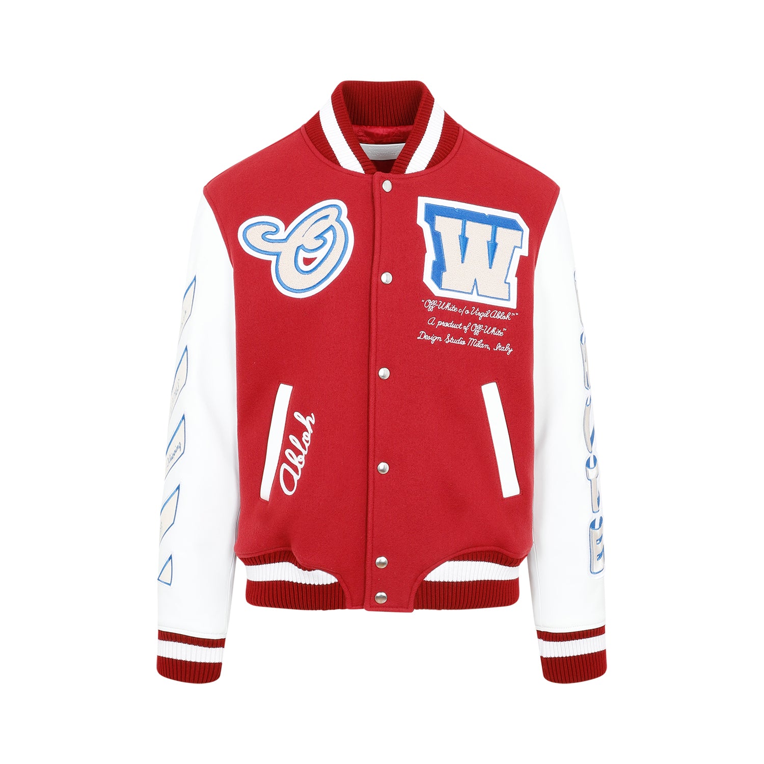 Off-white Men's Red Wool-blend Bomber Jacket With Leather Sleeves