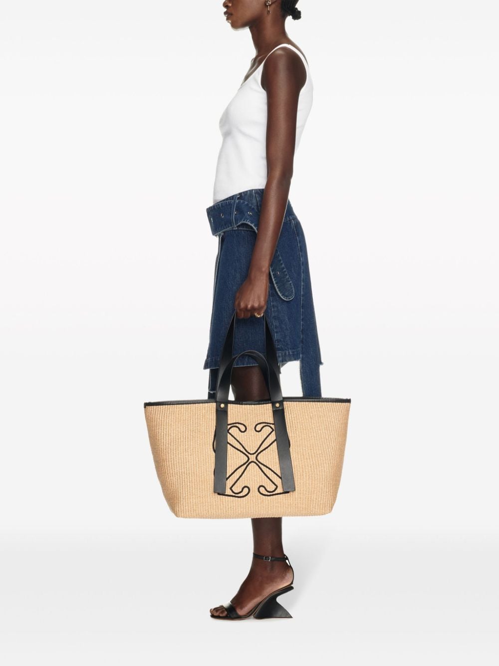 Shop Off-white Medium Raffia Tote Handbag For Women In Beige