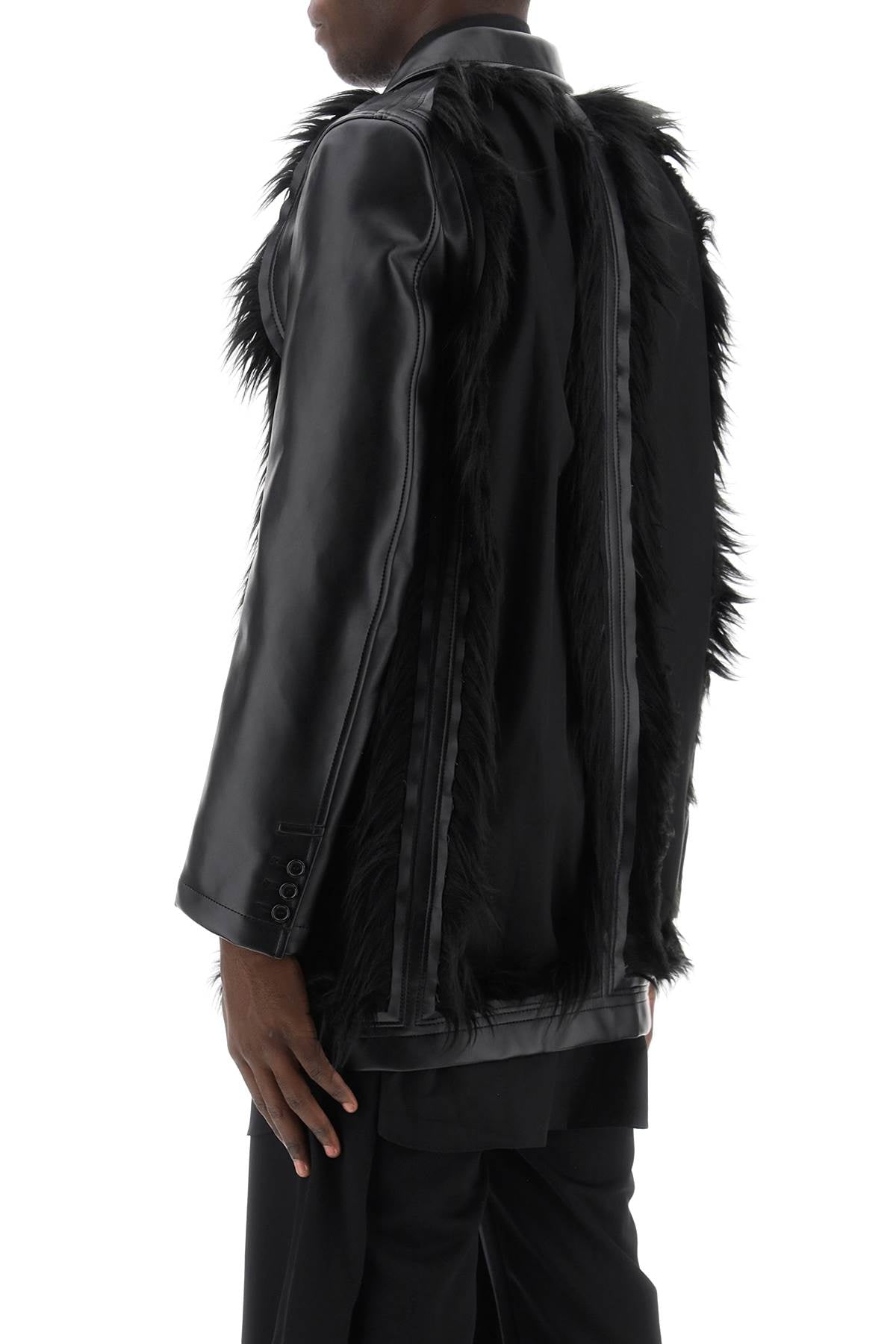 Shop Comme Des Garçons Homme Deux Men's Destroyed Faux Leather Blazer With Eco-fur Trims (black, Fw23)