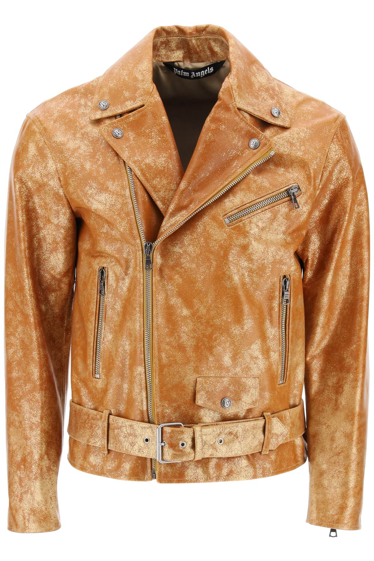 Shop Palm Angels City Biker Jacket In Laminated Leather With  Print In Multicolor