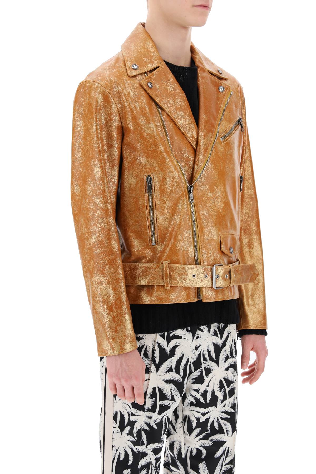 Shop Palm Angels City Biker Jacket In Laminated Leather With  Print In Multicolor