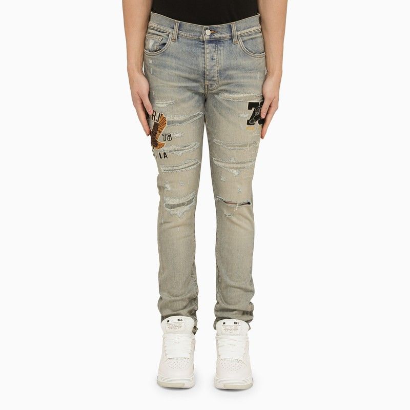 Shop Amiri Embroidered Varsity Eagle Indigo Jeans For Men | Ss24 Collection In Light Blue