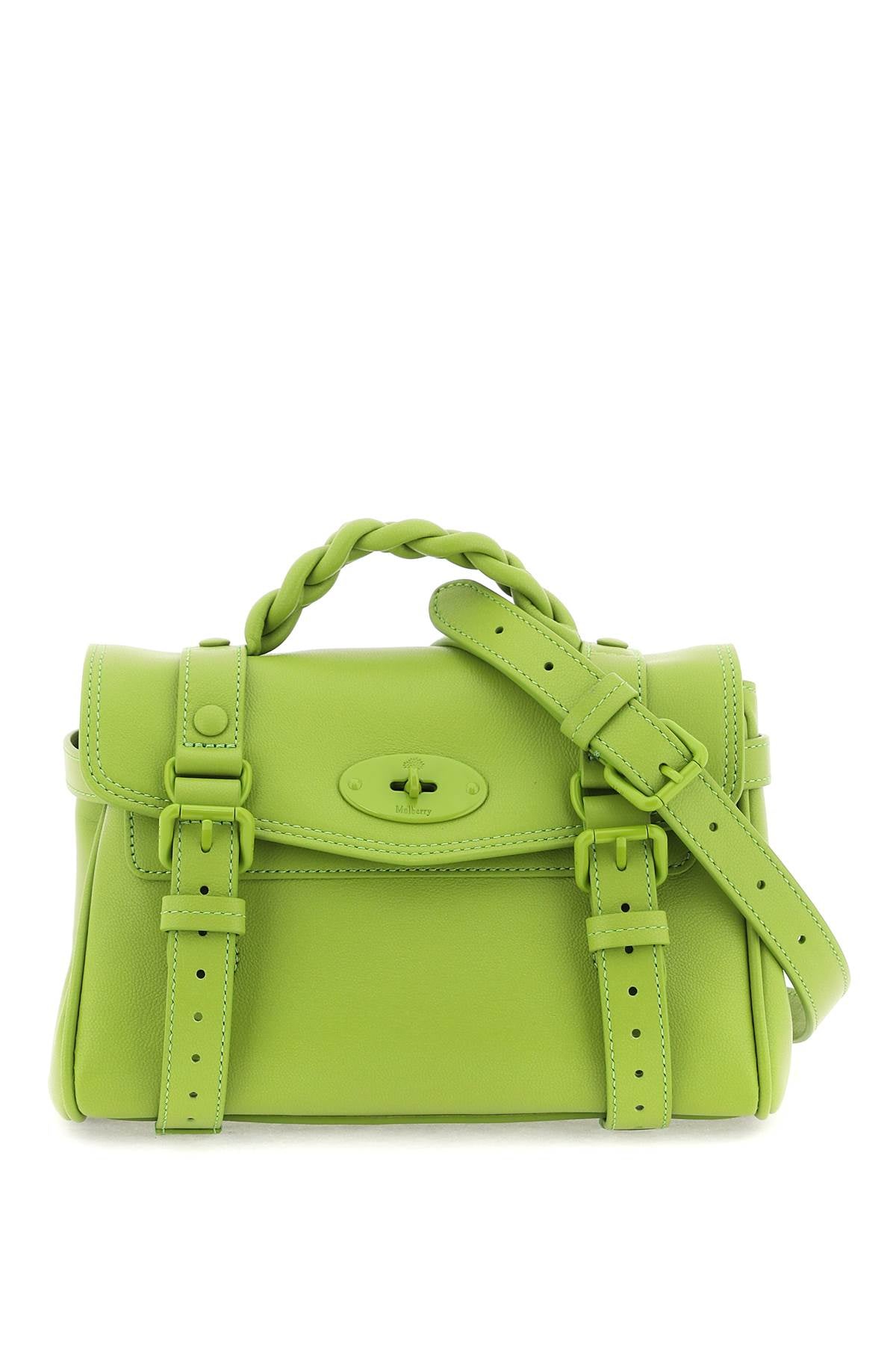 Shop Mulberry Green Mini Leather Handbag With Iconic Twist Closure And Detachable Strap