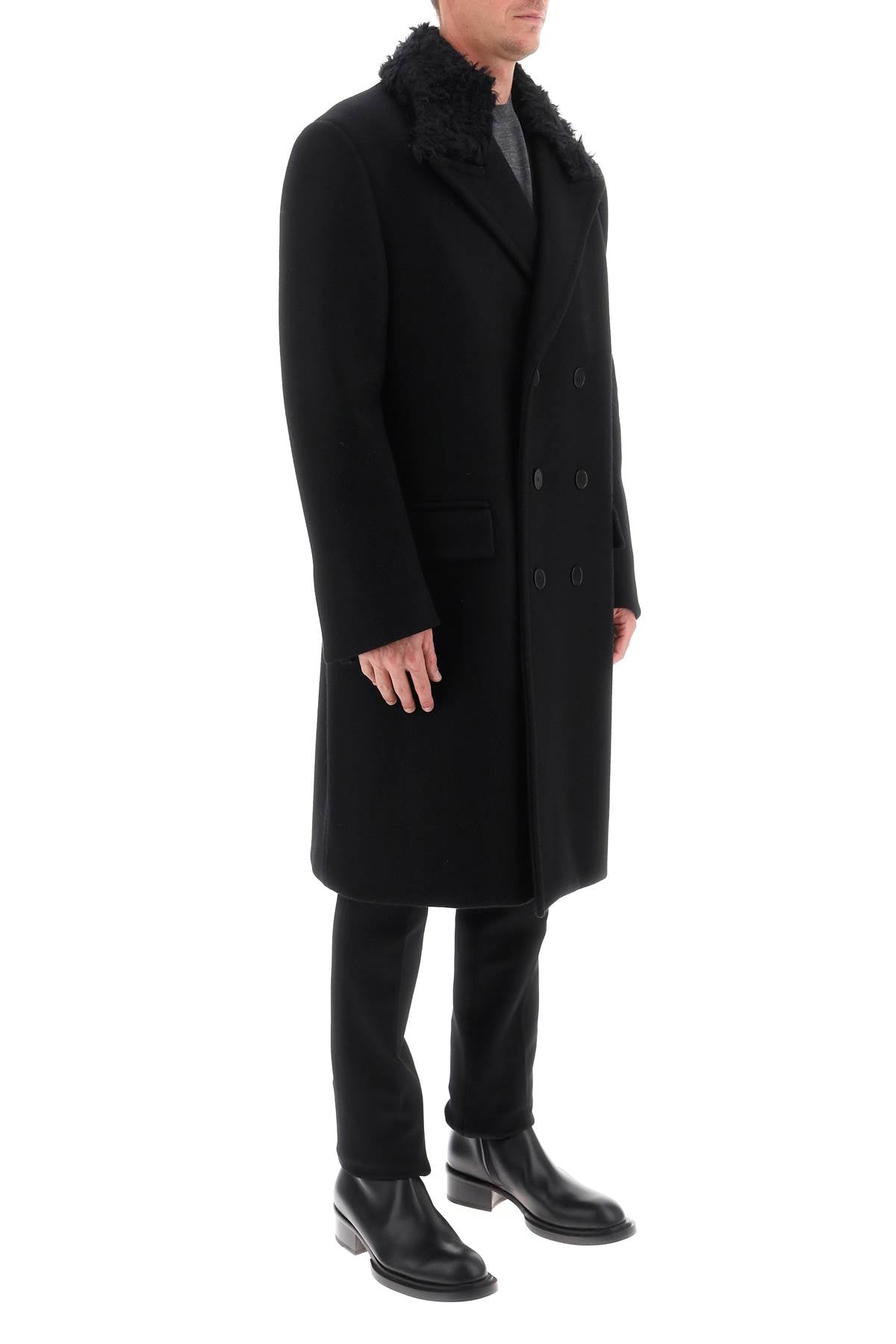 Shop Lanvin Men's Black Wool Double-breasted Jacket With Removable Mohair Collar