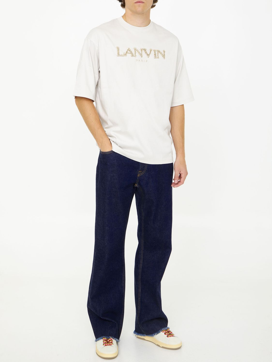 Shop Lanvin Men's Putty-colored Cotton T-shirt With Embroidered Logo In Beige