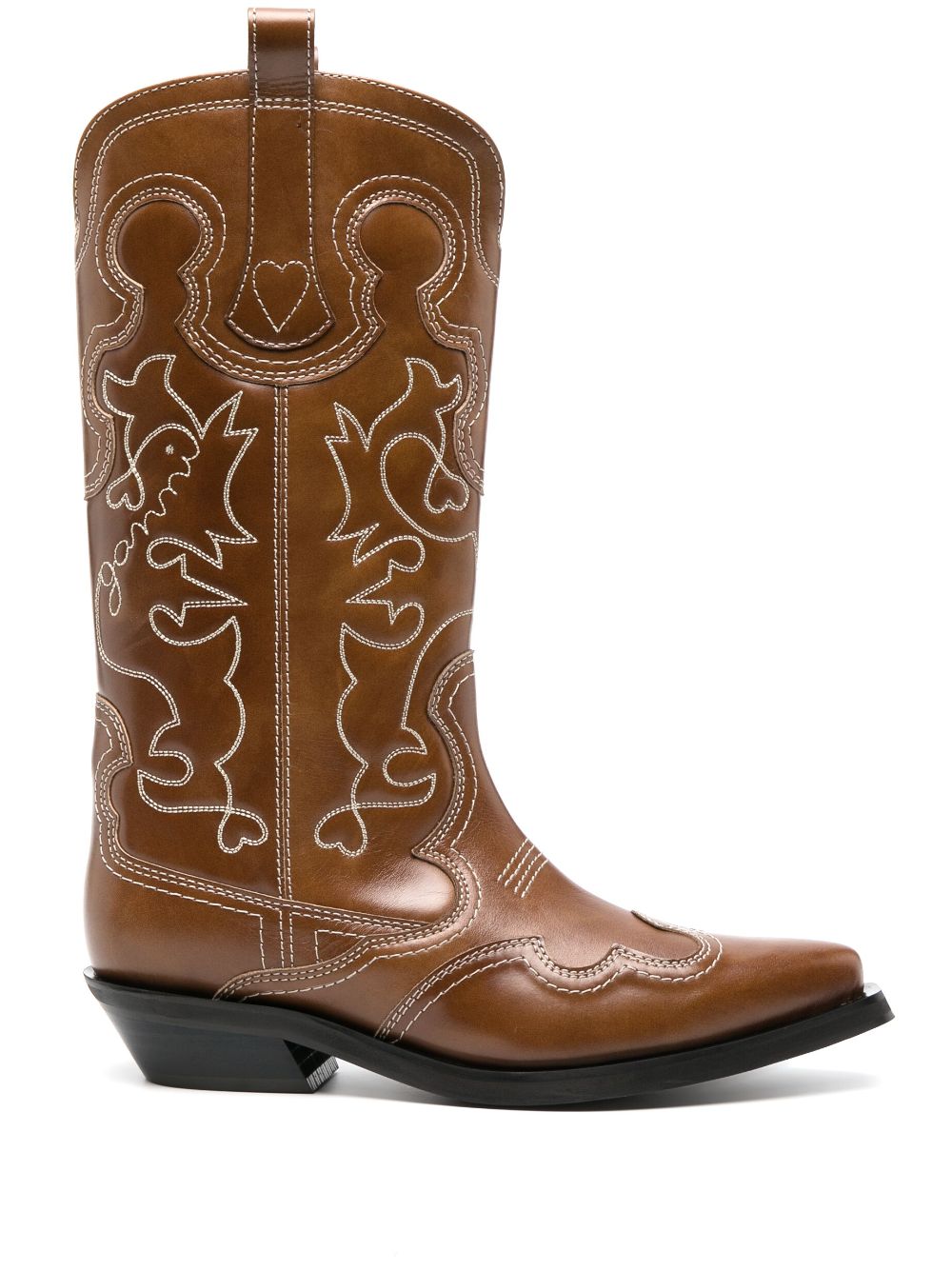 Shop Ganni Embroidered Brown Leather Western Boots For Women