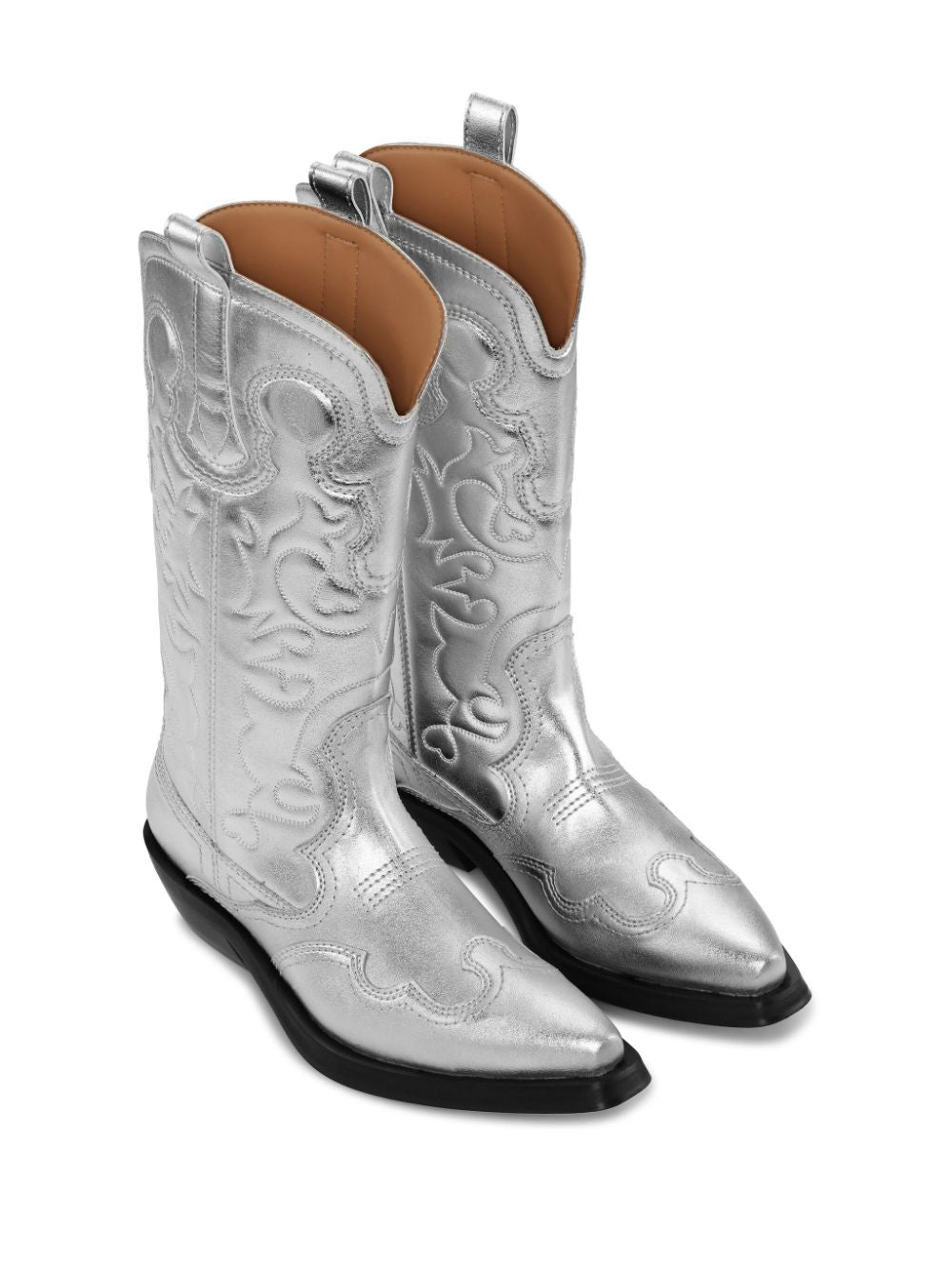 Shop Ganni Mid Shaft Western Boots In Grey