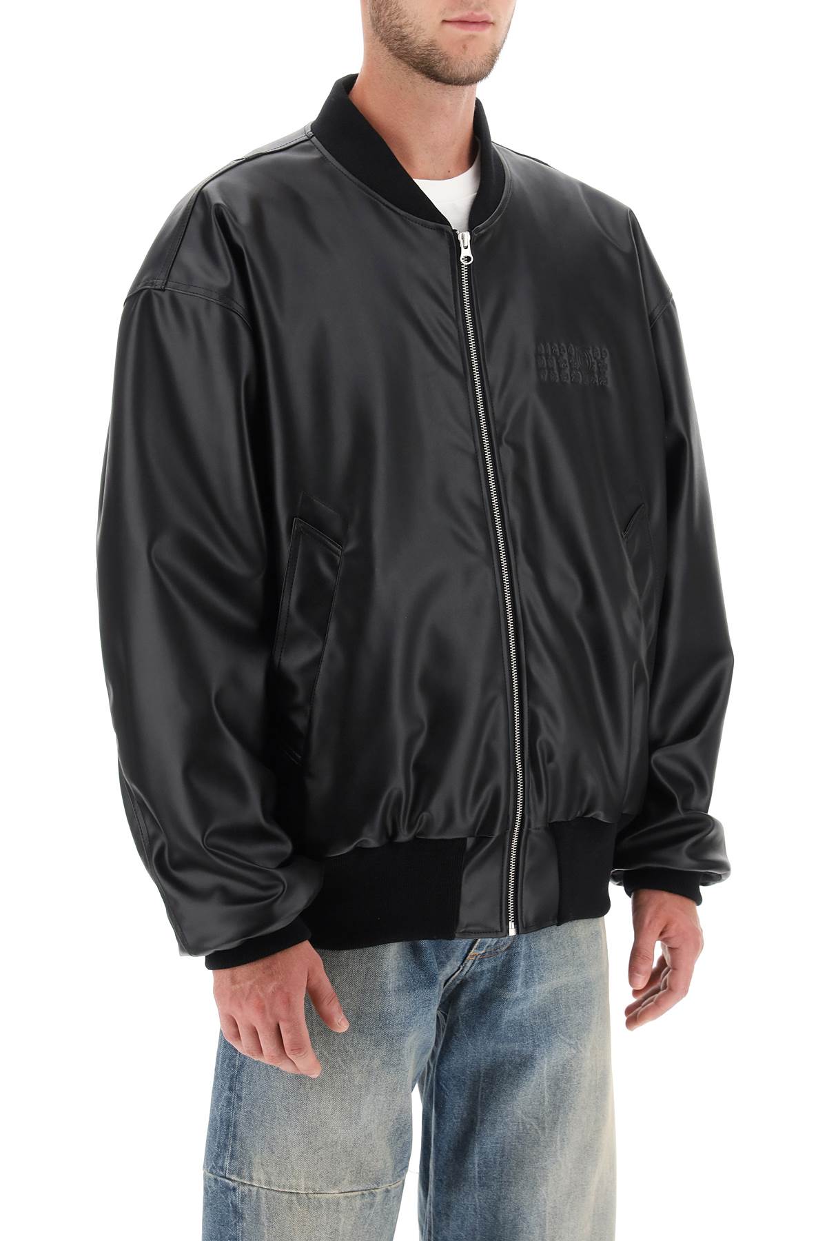 Shop Mm6 Maison Margiela Men's Black Faux Leather Bomber Jacket For Fall/winter 2024