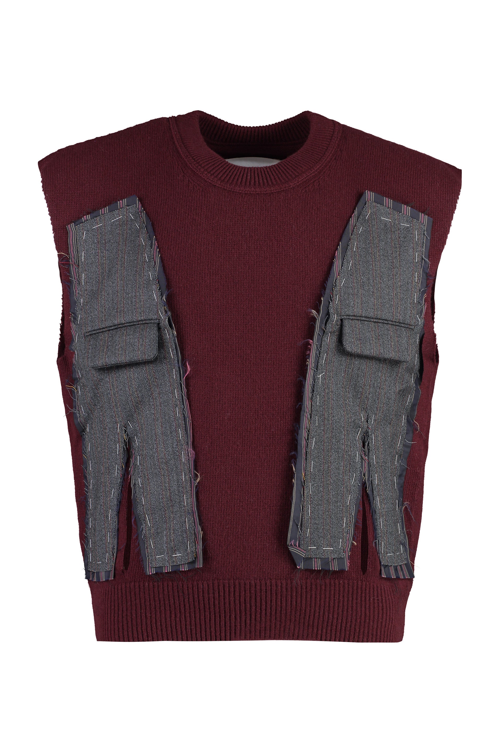 Maison Margiela Burgundy Knit Wool Vest For Men | Cut-out Front Details And Visible Stitching