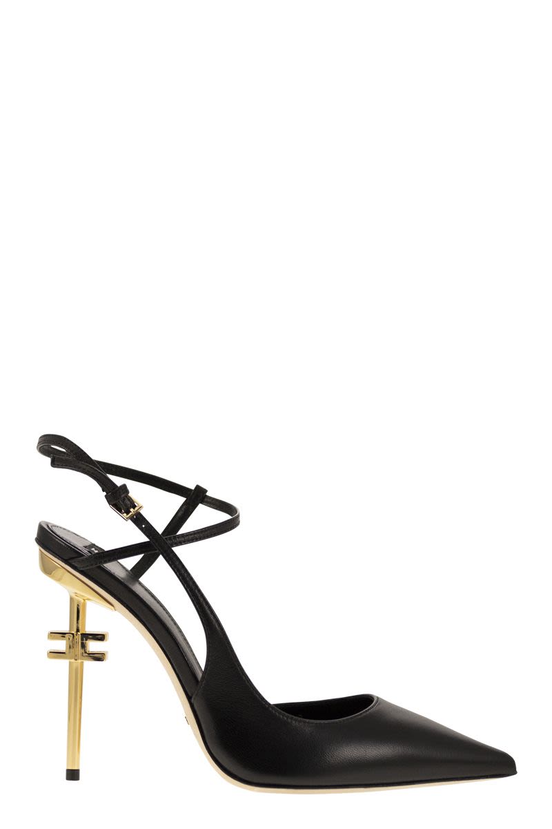 Shop Elisabetta Franchi Elegant Black Leather Slingback Pumps With Gold Logo Heel For Women In Maroon