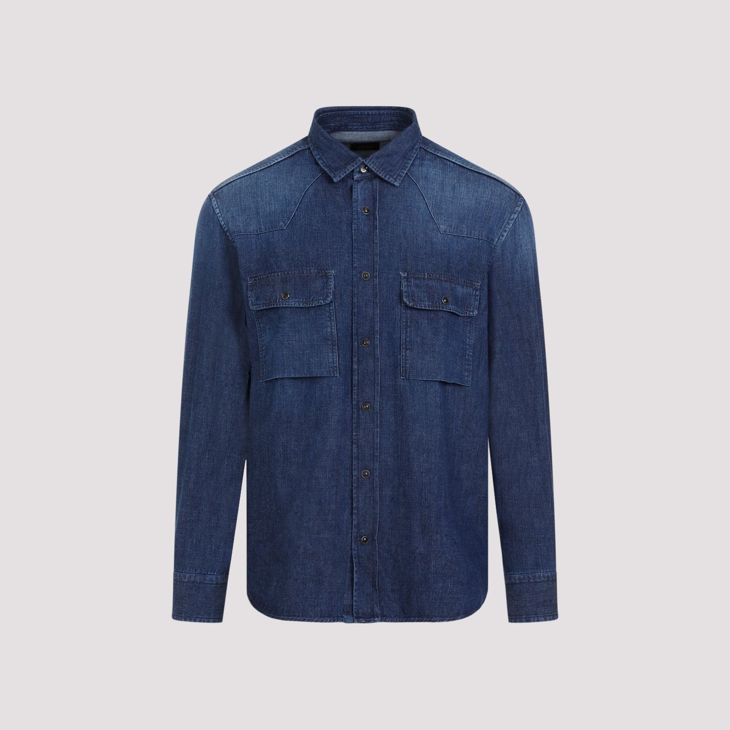 Shop Brioni Navy Blue Cotton Western Shirt For Men