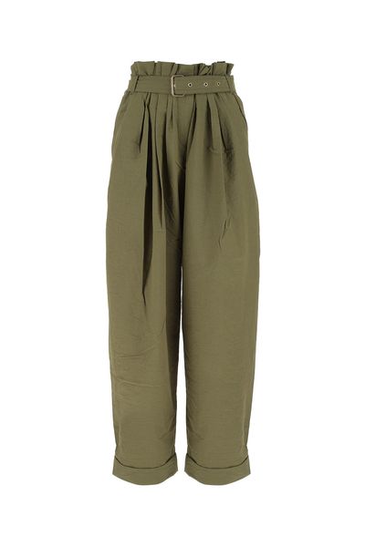 Balmain Military Green High-waisted Wide Trousers With Paper Handbag And Belt