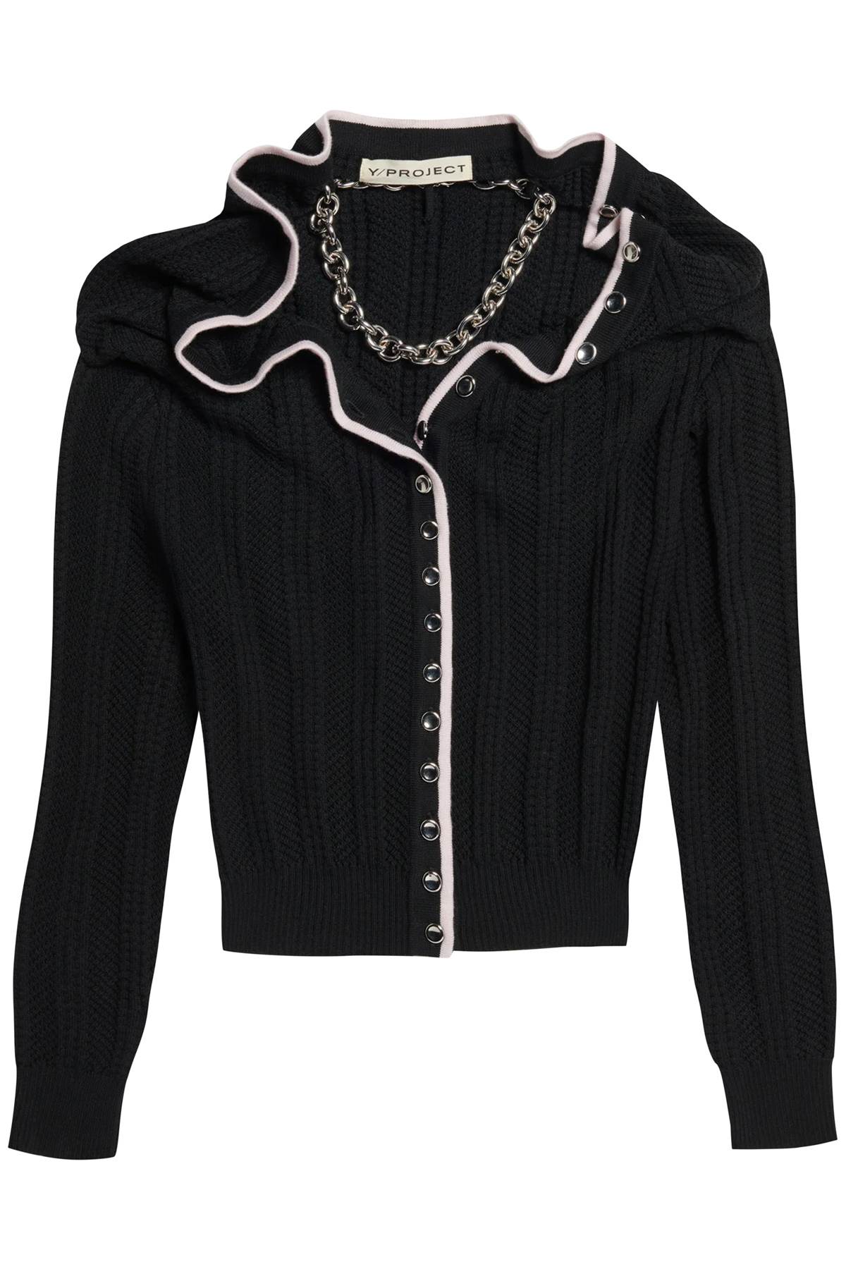 Y/project Black Merino Wool Cardigan With Ruffled Neckline And Chain Necklace For Women