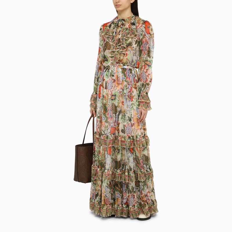 Shop Etro Multicolored Silk Long Skirt For Women With Bouquet Print And Flounces