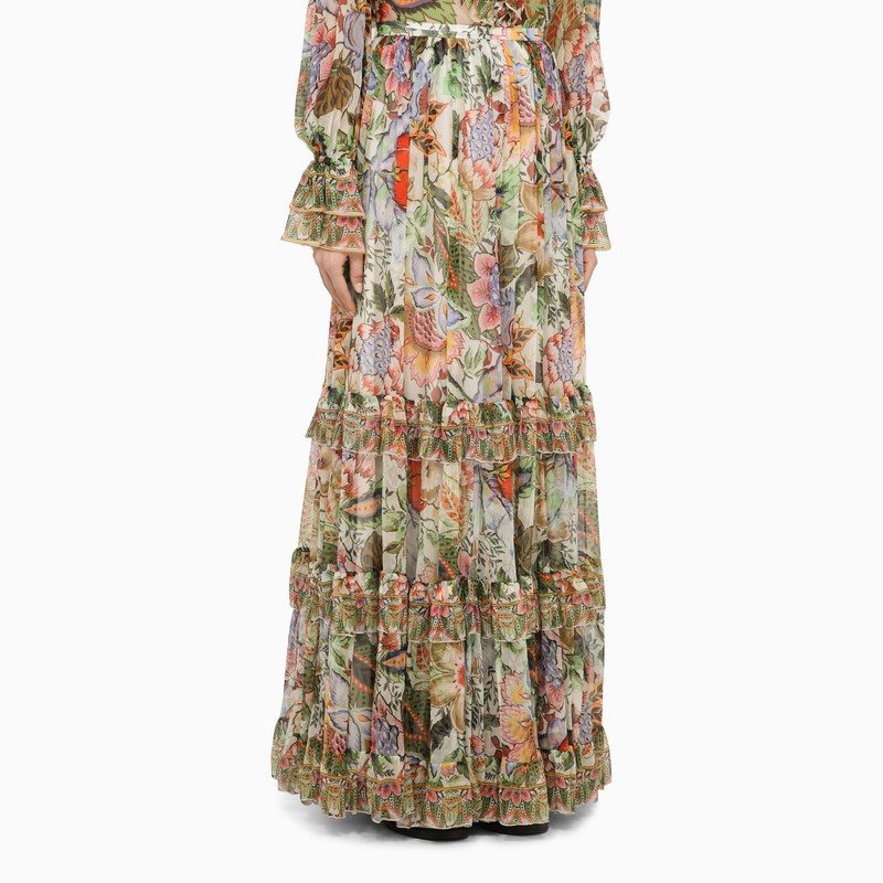 Shop Etro Multicolored Silk Long Skirt For Women With Bouquet Print And Flounces