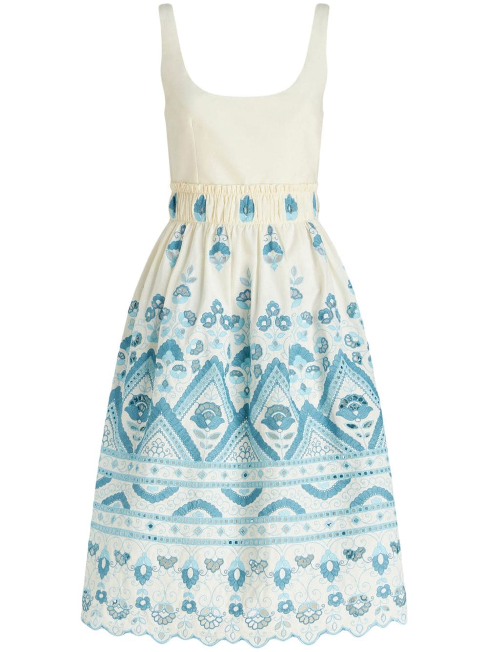 Shop Etro Blue And White Cotton Dress With Cut-out Detailing And Tie Fastening