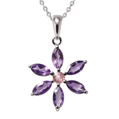 Pink Tourmaline and Amethyst Flower Pendant on Silver Chain