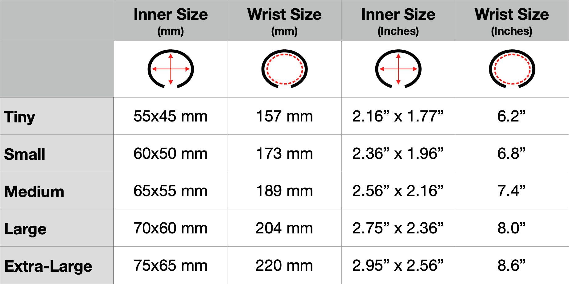 Bracelet Cuffs Sizes Table