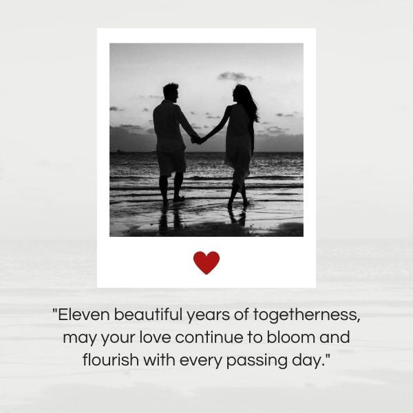 Couple holding hands on the beach, celebrating their love with an 11 year anniversary quote.