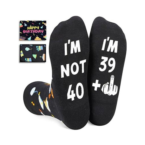 Black socks with a playful "I'm not 40" message, a cheeky 40th birthday gag gift idea for men with a sense of humor.