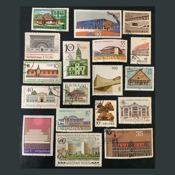 Collection of 18 Architecture Houses Buildings Vintage World Postage, a unique gift for architects.