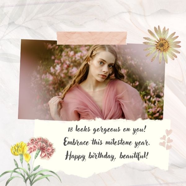 Elegant 18th birthday card with a young woman's portrait and flowers, marking the milestone.